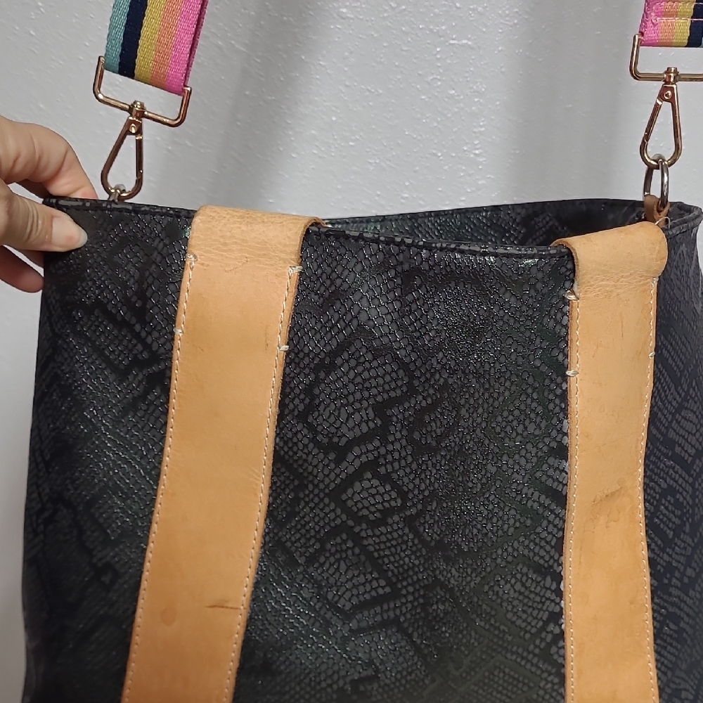 Consuela Black and Tan Crossbody Bag with Pink and Green Accents - Picture 6 of 8